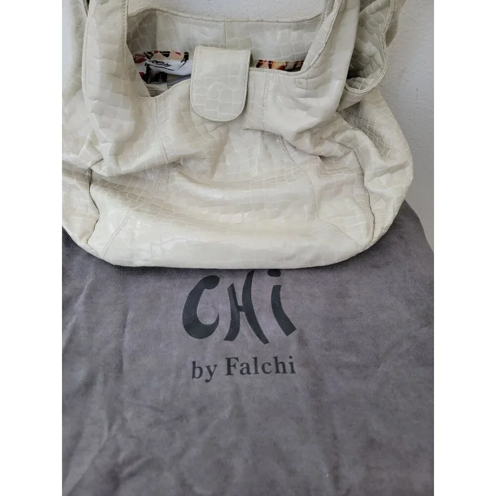 CHI By Carlos Falchi Croc Embossed Beige Leather Hobo Shoulder Bag w/ Dustbag - Picture 10 of 11